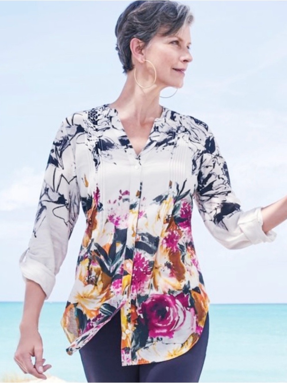 Soft Surroundings Painterly Cotton Blouse Top Sz 1X Boho Beach Resortwear Floral